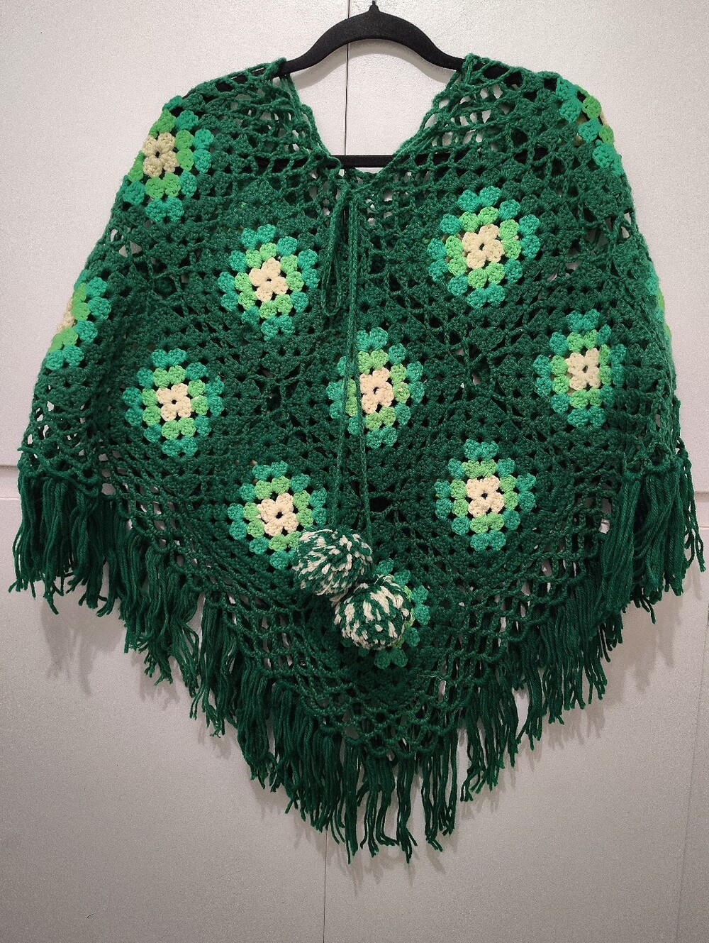 VTG Handmade Crochet Granny Square Poncho Cape Fringe Pom Pom Cottagecore